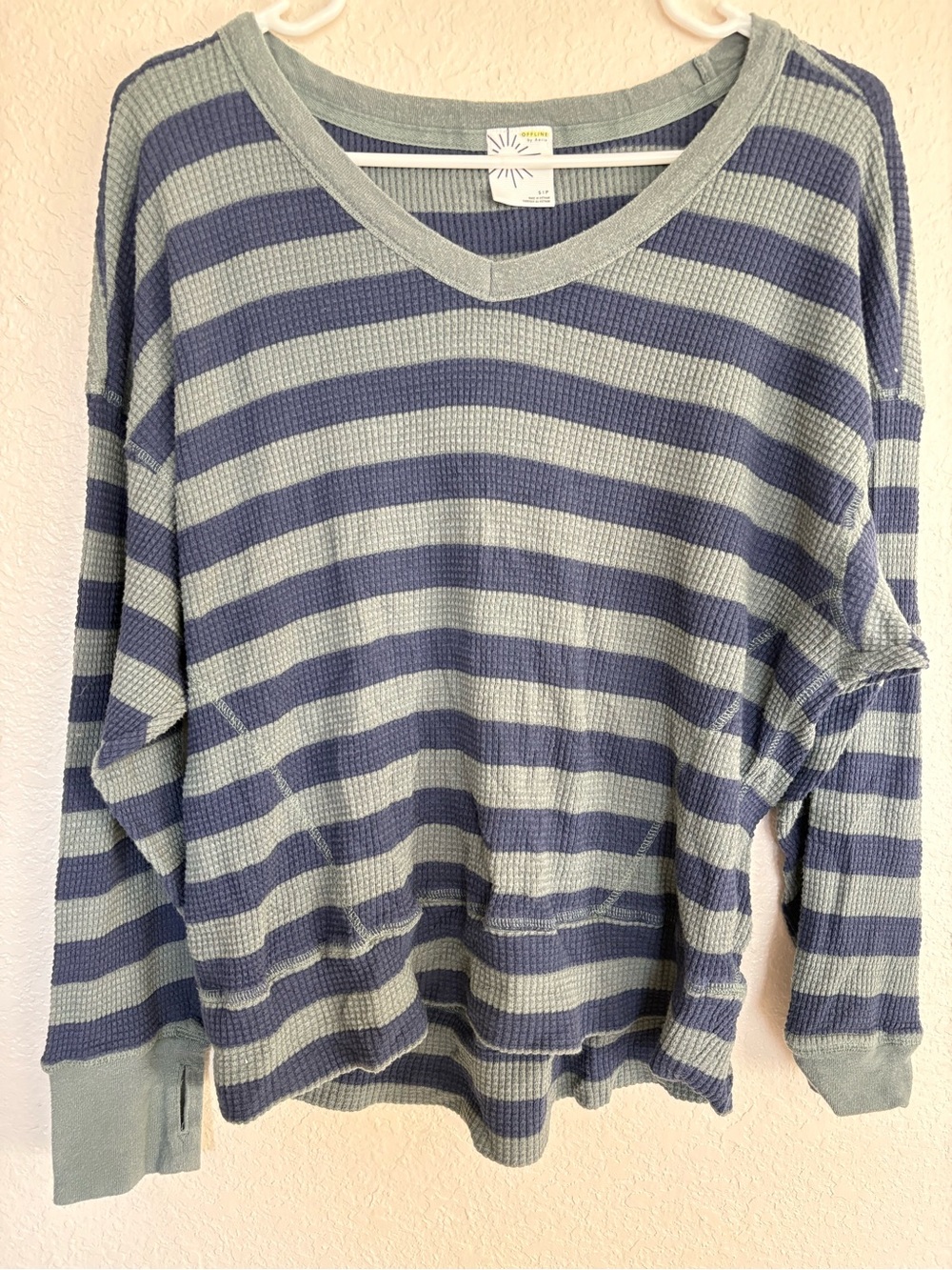 aerie Striped Waffle Knit Top in Slate Blue and Sage